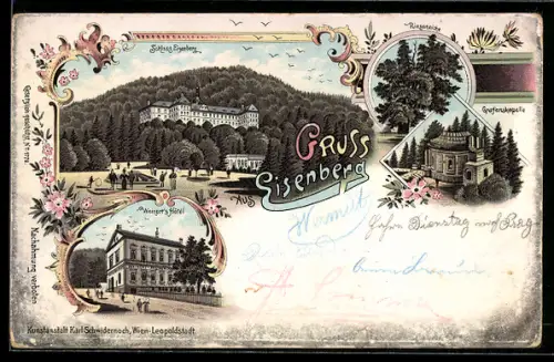 Lithographie Eisenberg, Weinert`s Hotel, Grafenskapelle, Schloss