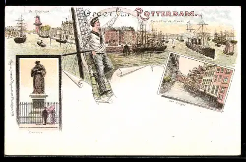 Lithographie Rotterdam, Gezicht op de Maas