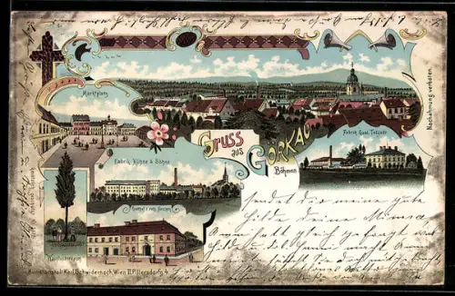 Lithographie Görkau /Böhmen, Fabrik Gust. Tetzner, Gasthaus z. roth. Hirschen, Fabrik Kühne & Sohne