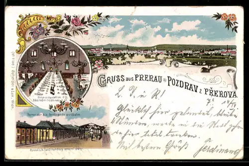 Lithographie Prerau, Bahn-Restaurant 2. Klasse, Perron der k. k. Ferdinands-Nordbahn, Totalansicht der Ortschaft