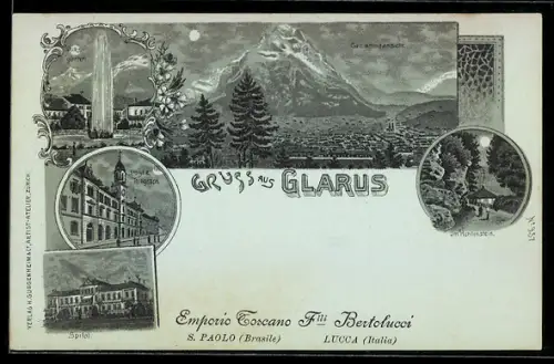 Mondschein-Lithographie Glarus, Post & Telegraph, Spital, Volksgarten