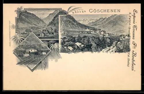 Lithographie Göschenen, Gotthard-Tunnel, Ortsansicht mit Bergpanorama