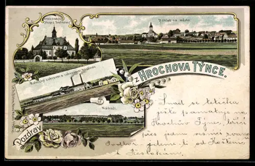 Lithographie Hrochuv Tynce, Zámek vladyky Hugo z Baltazaru, Rolnicky cukrovar a cukrovarní hostinec