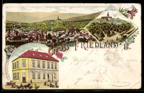 Lithographie Friedland i. B., Panorama, Schloss Friedland, Gasthaus zur Stadt Karlsbad