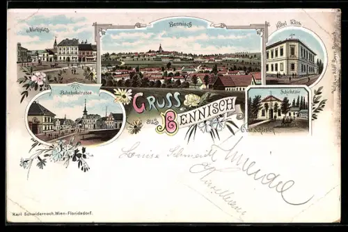 Lithographie Bennisch, Panorama, Marktplatz, Bahnhofstrasse und Hotel Klos