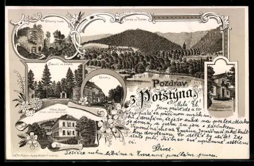 Lithographie Potstyn, Hotel Suza, Zrícený hrad, Nadvori na hrade, Zámek
