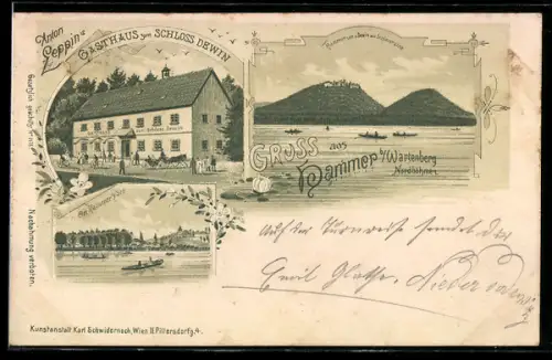 Lithographie Hammer am See, Gasthaus zum Schloss Dewin, Ortsansicht vom See aus