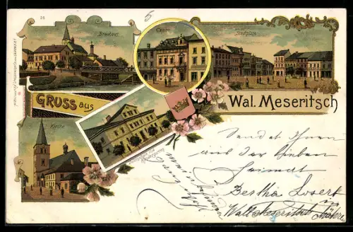 Lithographie Wal. Meseritsch, Stadtplatz, Casino, Brauhaus und Kirche
