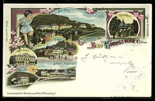 Lithographie Bad Königswart, Hotel Buberl, Kurhaus, Schloss Metternich