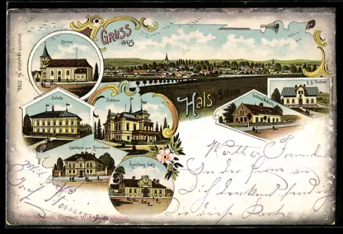 Lithographie Hals, Gasthaus zum Herrenhaus, Schloss, Handlung Salz