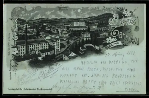 Mondschein-Lithographie Tannwald, Teilansicht mit Fabrik im Vordergrund