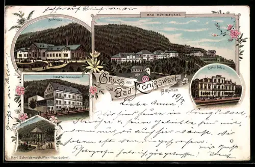 Lithographie Bad Königswart, Hotel Buberi, Badehaus, Richardsquelle