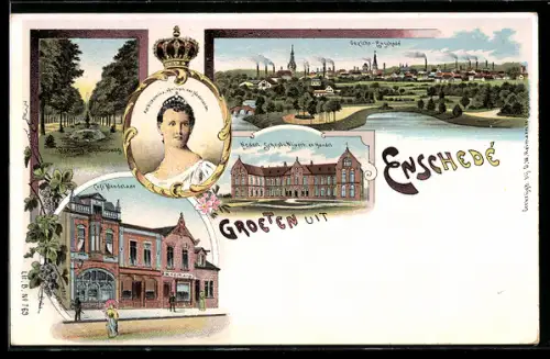 Lithographie Enschedé, Panorama, Nederl. School v. Nijverh. en Handel, Café Mendelaar