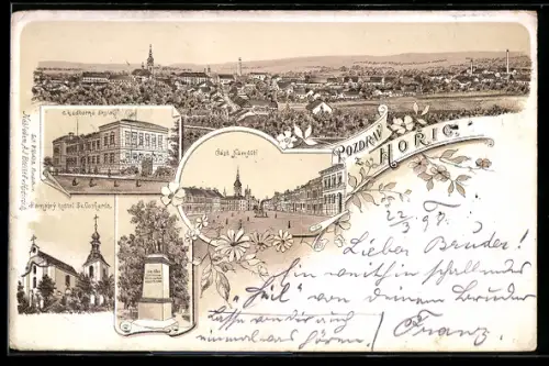 Lithographie Horice, Cast Namesti, odborna skola, kostel