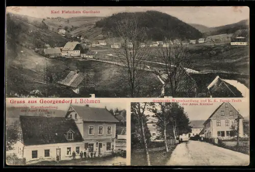 AK Georgendorf i. Böhmen, Panorama mit Karl Fleischers Gasthof, Geschäft von Josef Frint, Geschäft von Anna Küchler