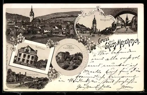 Lithographie Velkého Mezirici, Namesti, Komenskeho ulice, Radnice