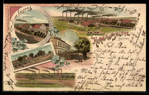 Lithographie Hermannshütte, Dampf-Brauerei & Gut Wilkischen v. Schultes, Direktionsgebäude, Hüttenrestaurant