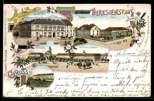 Lithographie Theresienstadt / Terezin, Paradeplatz mit K. u. K. Genie-Gebäude, Rathaus & Schule
