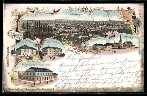 Lithographie Georgswalde, Marktplatz, Cafe & Weinhaus Kunert, Gasthaus zum Stadtgericht, Panorama