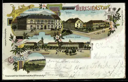 Lithographie Theresienstadt / Terezin, Paradeplatz mit K. u. K. Genie-Gebäude, Rathaus & Schule