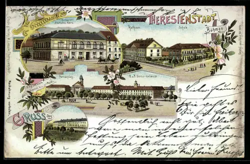 Lithographie Theresienstadt / Terezin, Paradeplatz mit K. u. K. Genie-Gebäude, Rathaus & Schule