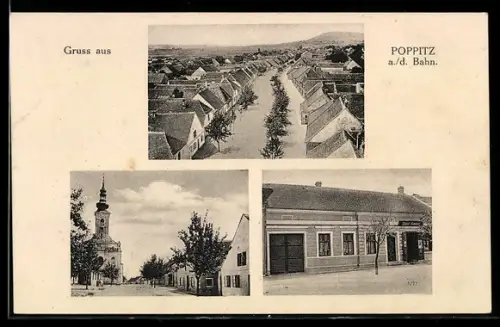 AK Poppitz a. d. Bahn, Teilansicht aus der Vogelschau, Strassenpartie mit Kirche