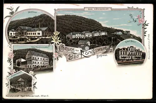 Lithographie Bad Königswart, Hotel Buberi, Badehaus, Richardsquelle