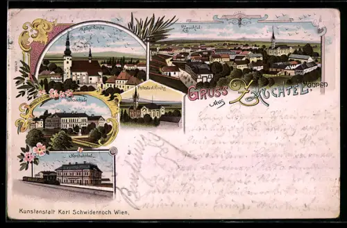 Lithographie Zauchtel, Kathol. Kirche, Nordbahnhof, Volksschule, Protestant. Kirche