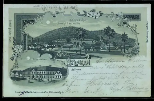 Mondschein-Lithographie Stecken, Plotzar`s Gasthaus, Totalansicht mit Plattenhügel