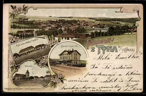 AK Tyn nod Vltavou, Panorama, Nádrazi v. Tyno, Námestí