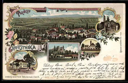 Lithographie Choustnik, Skola, Hrad, Myslivna pod Hradem
