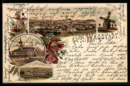 Lithographie Wagstadt, Ringplatz, Salchers Fabrik und Rotters Windmühle