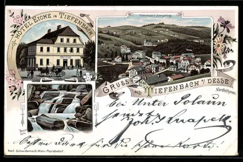 Lithographie Tiefenbach / Desse, Hotel Eiche, Ortsansicht, Dessefälle