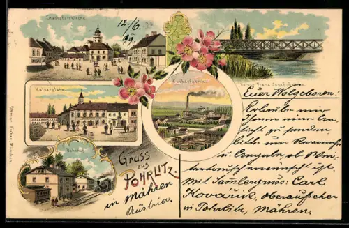 Lithographie Pohrlitz, Bahnhof, Kaiserplatz, Zuckerfabrik, Stadtpfarrkirche, Kaiser Franz Josef-Brücke