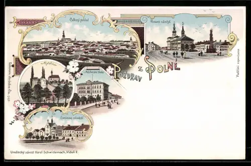 Lithographie Polna, Mestanská skola, Celkový pohled, Husovo námesti, Katerinov