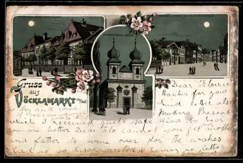 Lithographie Vöcklamarkt, D. Erlach Geschäftshäuser, Kalvarienberg Kirche, Oberer Markt mit Klosterschule