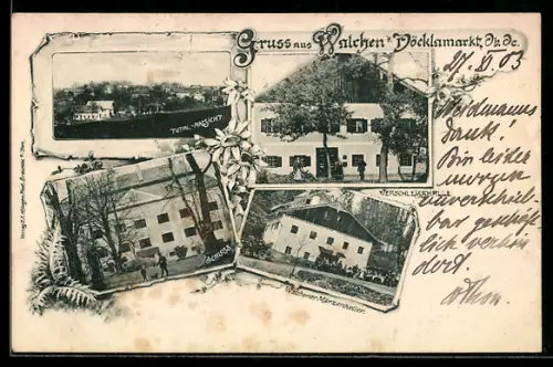 AK Vöcklamarkt /Ob.Oe., Walchener Märzenkeller, Verschleisshalle, Schloss, Totalansicht vom Ort