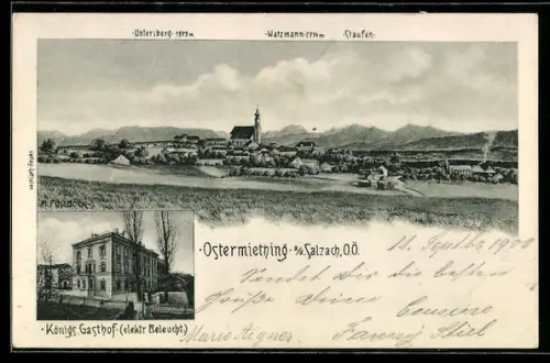 AK Ostermiething a. d. Salzach, Königs Gasthof, Untersberg und Watzmann