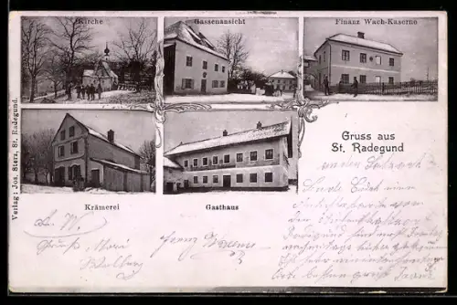 AK St. Radegund /O.-Oe., Finanz Wach-Kaserne, Gasthaus, Krämerei, Gassenansicht, Kirche