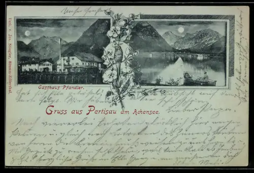 Mondschein-AK Pertisau am Achensee, Gasthaus Pfandler, Blick über den See mit Ruderboot