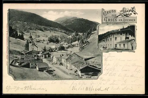 AK Gries am Brenner, Gasthaus Aigner, Ortspartie mit Talblick