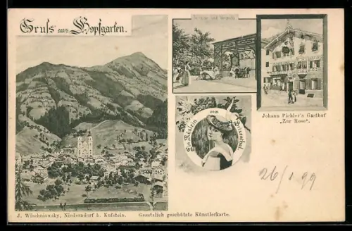 AK Hopfgarten, Johann Pichlers Gasthof Zur Rose, Terrasse und Veranda, Gesamtansicht