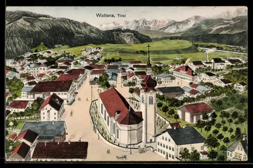 Künstler-AK Wattens /Tirol, Ortsansicht mit Kirche aus der Vogelschau
