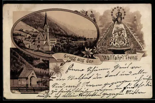 Lithographie Freienfeld im Wipptal, Maria Trens, Ansicht der Wallfahrtskirche, Kapelle
