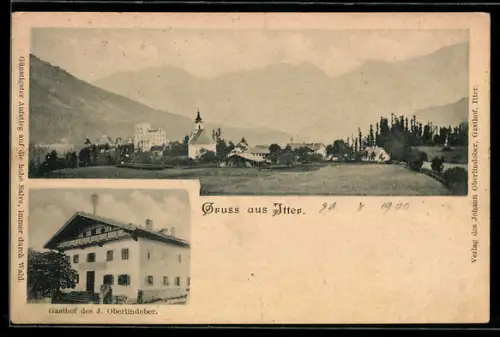 AK Itter, Gasthof des J. Oberlindober, Ortsansicht mit Kirche