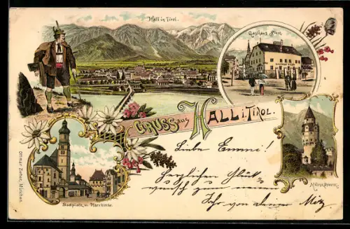Lithographie Hall / Tirol, Ortsansicht mit Gasthaus Stern