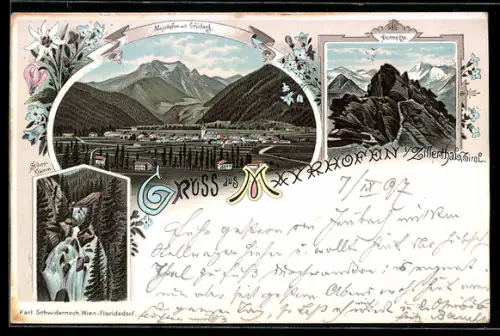 Lithographie Mayrhofen im Zillerthal, Panorama, Ahornspitze, Wasserfall