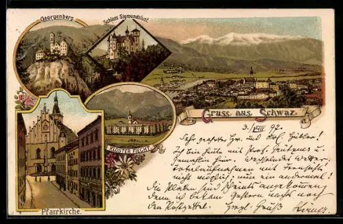 Lithographie Schwaz, Kloster Fiecht, Schloss Sigmundslust, Pfarrkirche