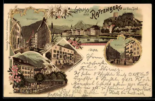 Lithographie Rattenberg am Inn, Bienerstrasse, Gasthaus Ledererbräu, Stadtplatz