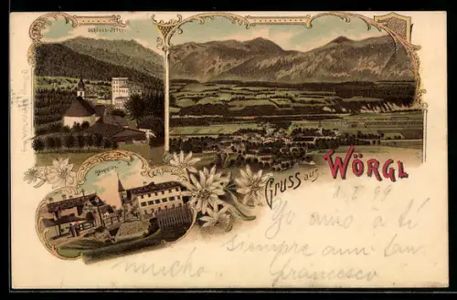 Lithographie Wörgl, Schloss Itter, Hauptplatz, Panorama